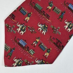 Salvatore Ferragamo Silk Tie Red Elephant Mahout Palm Tree Novelty Print Italy